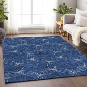 HomeRoots 9' X 12' Navy Blue And Ivory Geometric Area Rug – Washable, UV-Protected, Durable for High-Traffic Spaces 676583