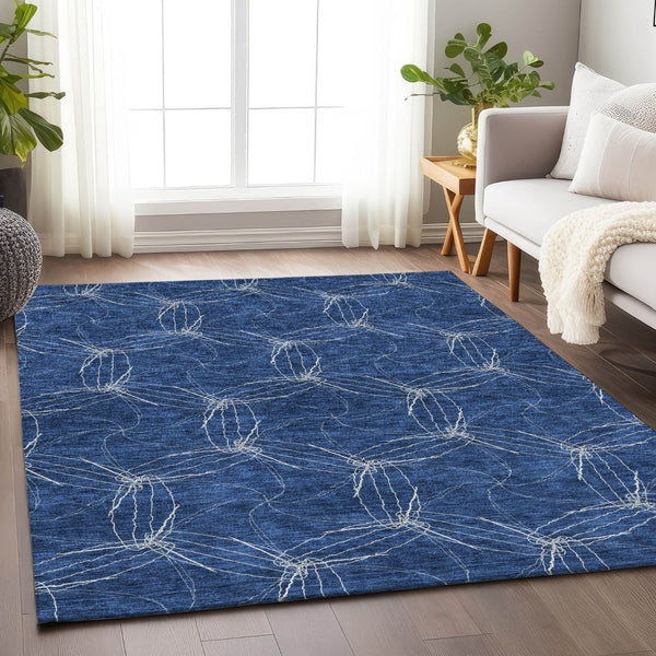 HomeRoots 9' X 12' Navy Blue And Ivory Geometric Area Rug – Washable, UV-Protected, Durable for High-Traffic Spaces 676583