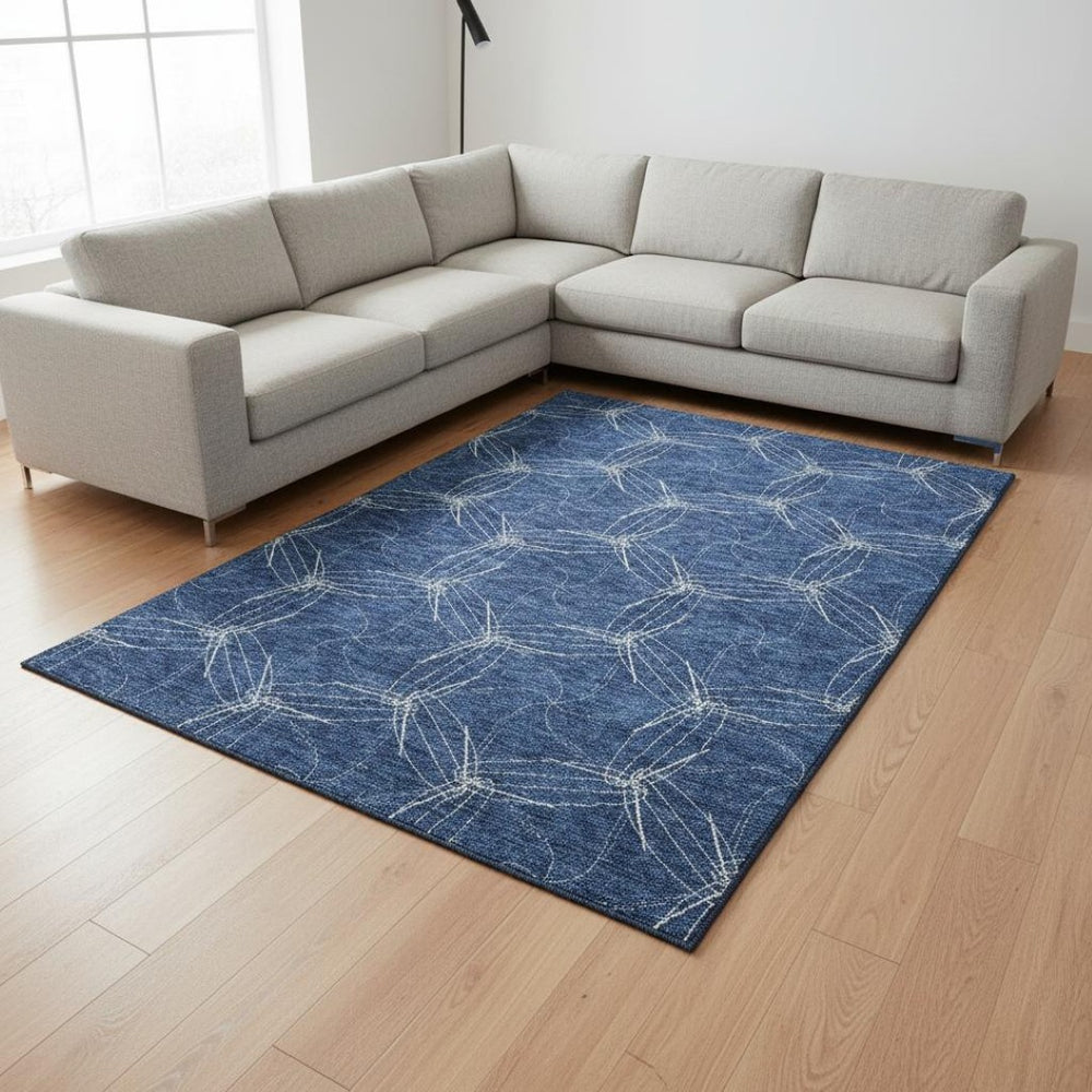 HomeRoots 10' X 14' Navy Blue & Ivory Geometric Area Rug - Washable, UV Resistant, Stylish & Durable Design 676584