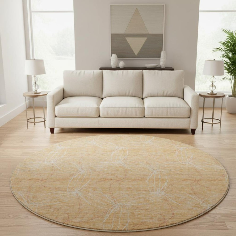HomeRoots 8' Peach And Ivory Geometric Round Rug - Washable, UV Protected, Durable for Homes with Kids & Pets 676587