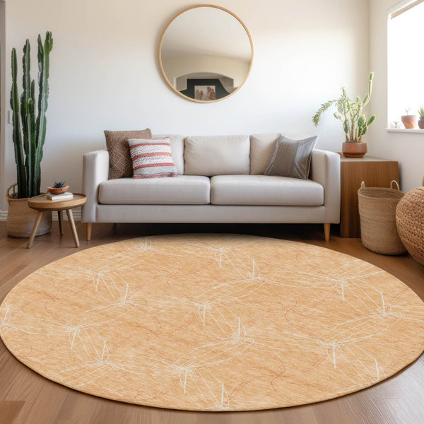 HomeRoots 8' Peach And Ivory Geometric Round Rug - Washable, UV Protected, Durable for Homes with Kids & Pets 676587