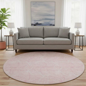 HomeRoots 8' Pink And Ivory Geometric Round Rug - Washable, UV Protected, Soft, Durable for Home & Patio Decor 676593