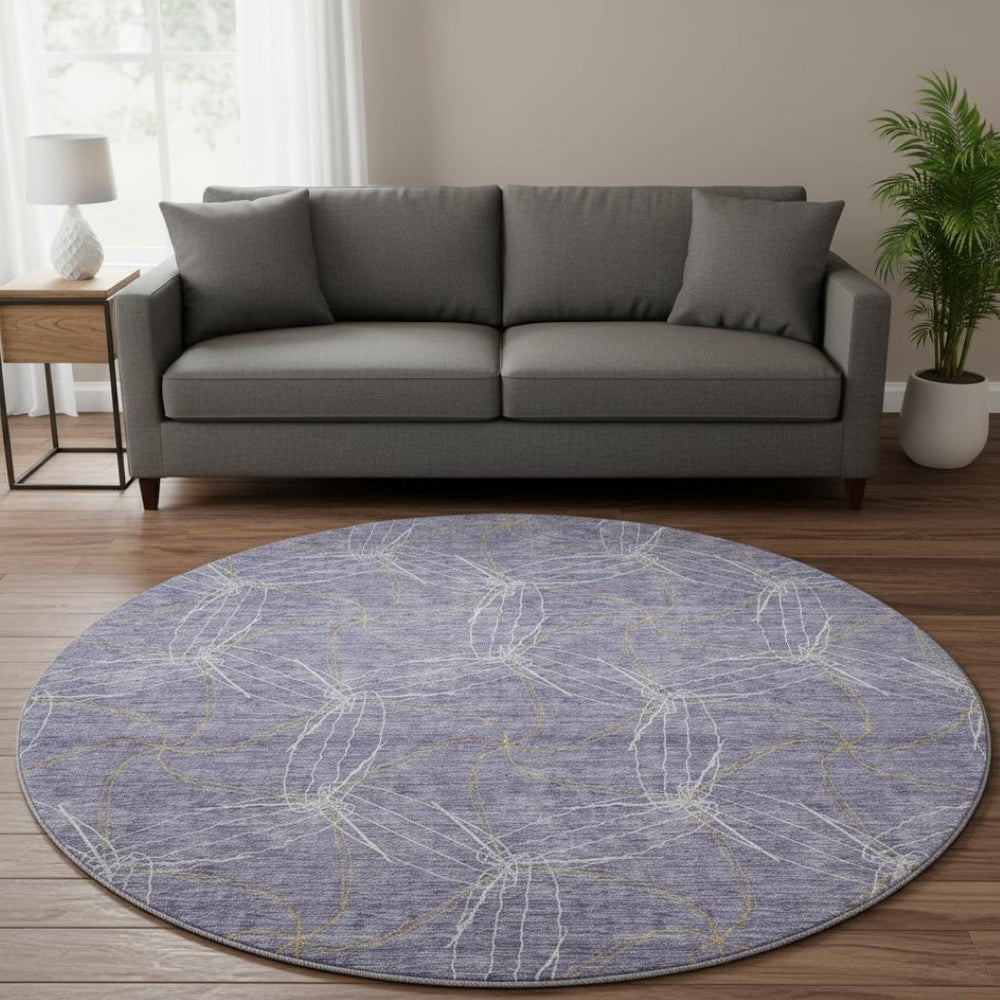 HomeRoots 8' Purple & Ivory Geometric Washable Round Rug - Durable, UV-Protected & Stain-Resistant Design 676599