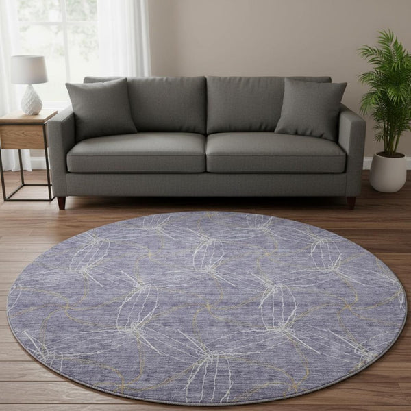 HomeRoots 8' Purple & Ivory Geometric Washable Round Rug - Durable, UV-Protected & Stain-Resistant Design 676599