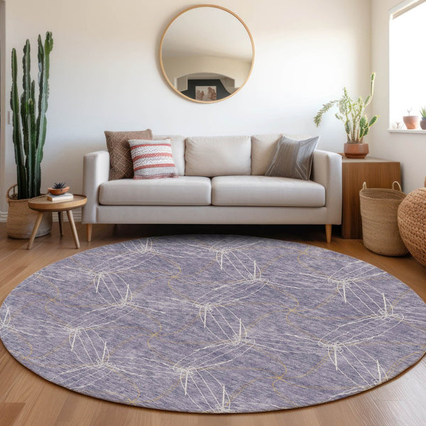HomeRoots 8' Purple & Ivory Geometric Washable Round Rug - Durable, UV-Protected & Stain-Resistant Design 676599