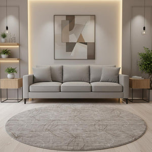 HomeRoots 8' Stylish Taupe and Ivory Geometric Washable Round Rug with UV Protection for High-Traffic Areas 676605