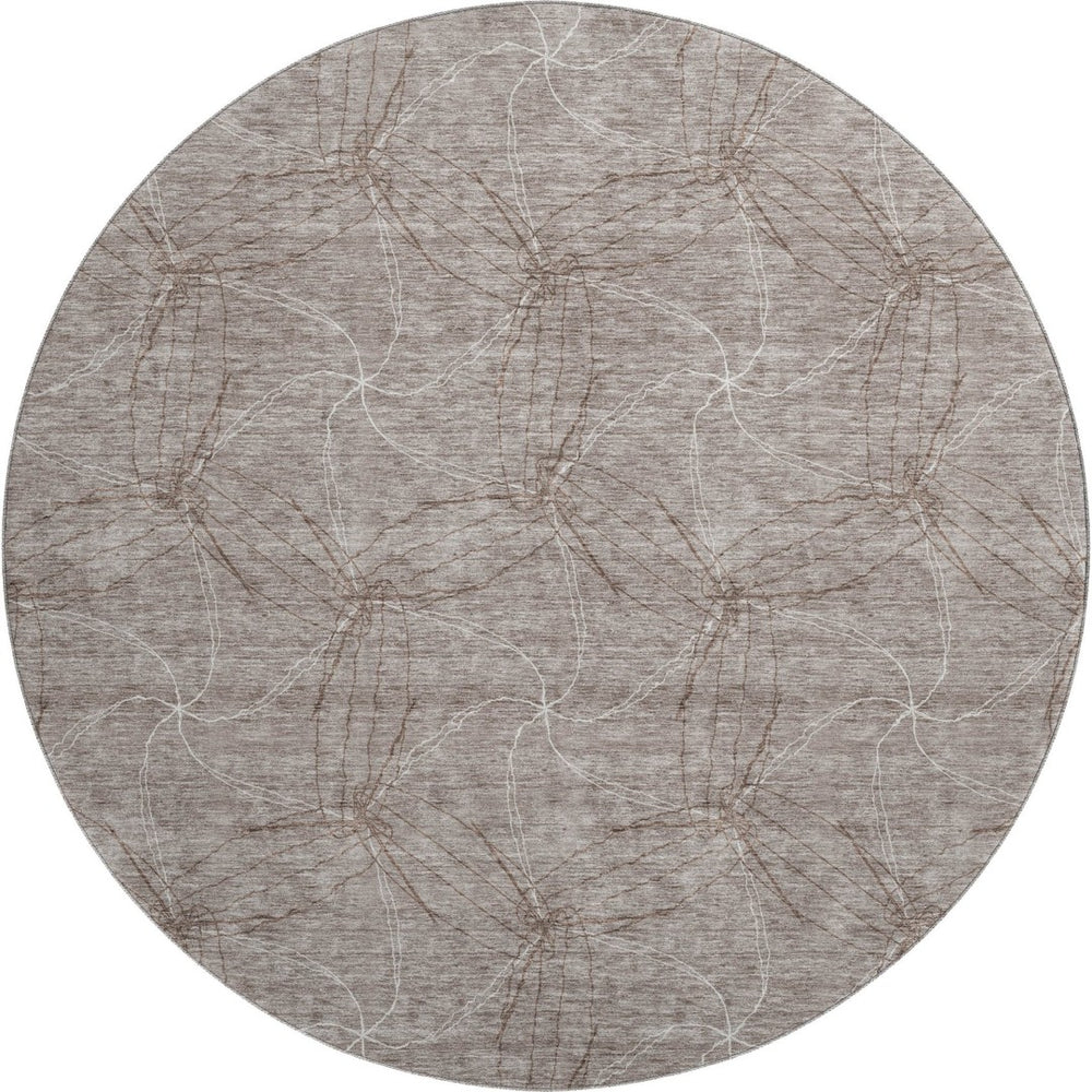 HomeRoots 8' Stylish Taupe and Ivory Geometric Washable Round Rug with UV Protection for High-Traffic Areas 676605