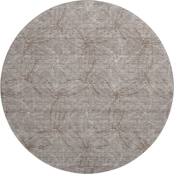 HomeRoots 8' Stylish Taupe and Ivory Geometric Washable Round Rug with UV Protection for High-Traffic Areas 676605