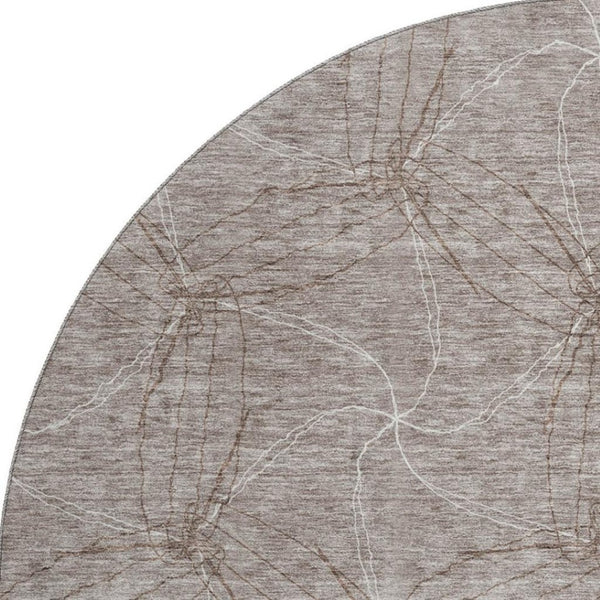 HomeRoots 8' Stylish Taupe and Ivory Geometric Washable Round Rug with UV Protection for High-Traffic Areas 676605