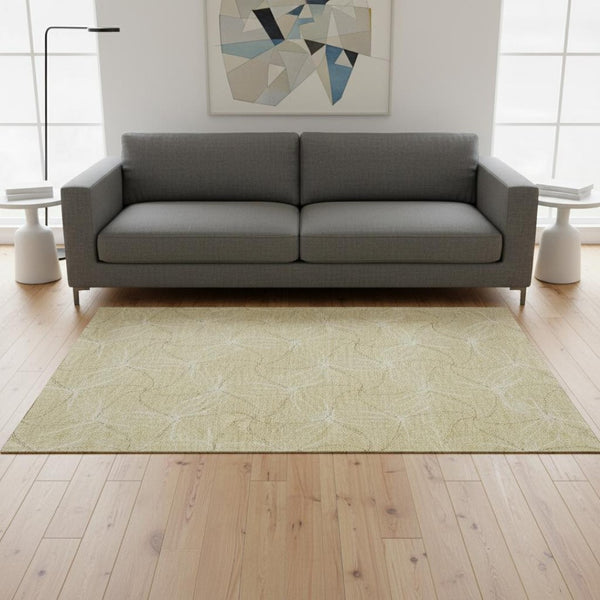 HomeRoots 5' Wheat and Ivory Geometric Washable Area Rug – Durable, UV-Protected, Perfect for Families & Pets! 676610
