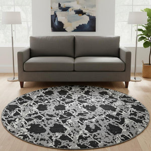 HomeRoots 8' Modern Abstract Round Rug in Black, Gray & Ivory - Washable, UV Protected, Soft & Durable Design 676617