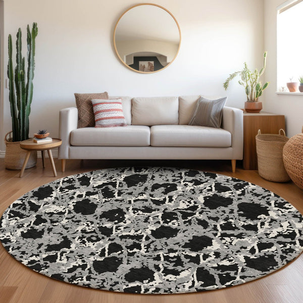 HomeRoots 8' Modern Abstract Round Rug in Black, Gray & Ivory - Washable, UV Protected, Soft & Durable Design 676617