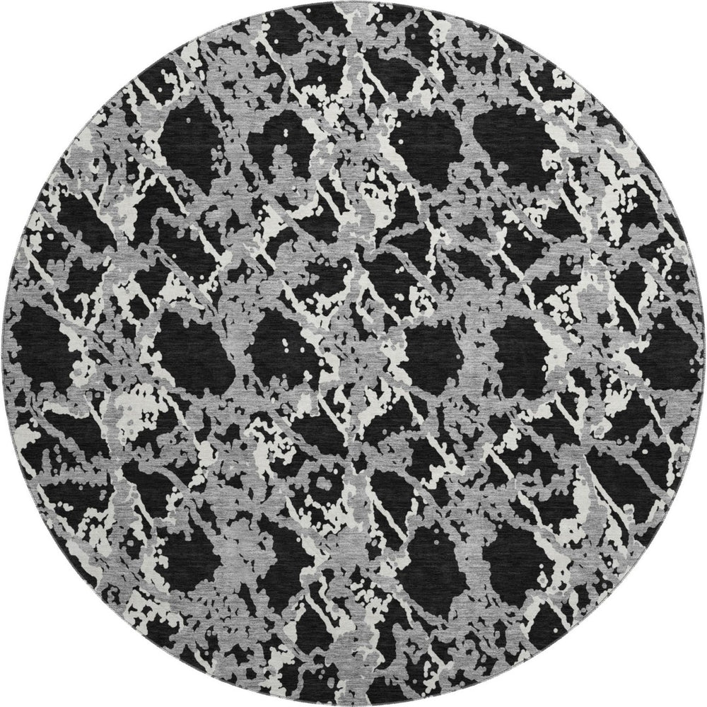 HomeRoots 8' Modern Abstract Round Rug in Black, Gray & Ivory - Washable, UV Protected, Soft & Durable Design 676617