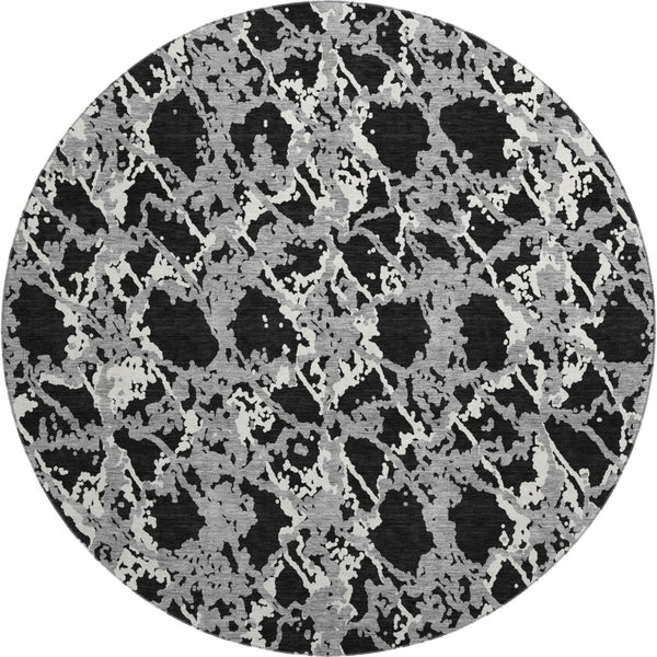 HomeRoots 8' Modern Abstract Round Rug in Black, Gray & Ivory - Washable, UV Protected, Soft & Durable Design 676617