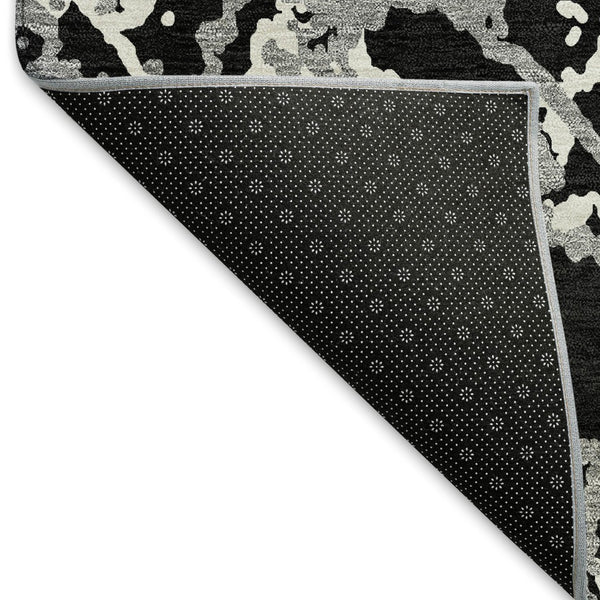 HomeRoots 8' Modern Abstract Round Rug in Black, Gray & Ivory - Washable, UV Protected, Soft & Durable Design 676617