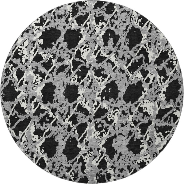 HomeRoots 8' Modern Abstract Round Rug in Black, Gray & Ivory - Washable, UV Protected, Soft & Durable Design 676617
