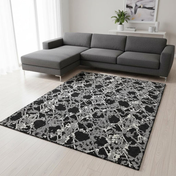 HomeRoots 8' X 10' Modern Abstract Washable Area Rug - Black, Gray, Ivory with UV Protection & Stain Resistance 676618