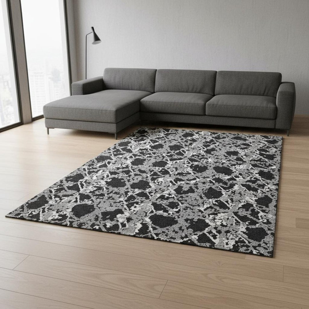 HomeRoots 9' X 12' Abstract Washable Area Rug in Black, Gray & Ivory - UV Protected, Stylish & Durable for Homes 676619