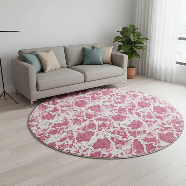 HomeRoots 8' Blush and Ivory Abstract Washable Round Rug - Stylish, Stain-Resistant, UV Protected Design for Homes 676623