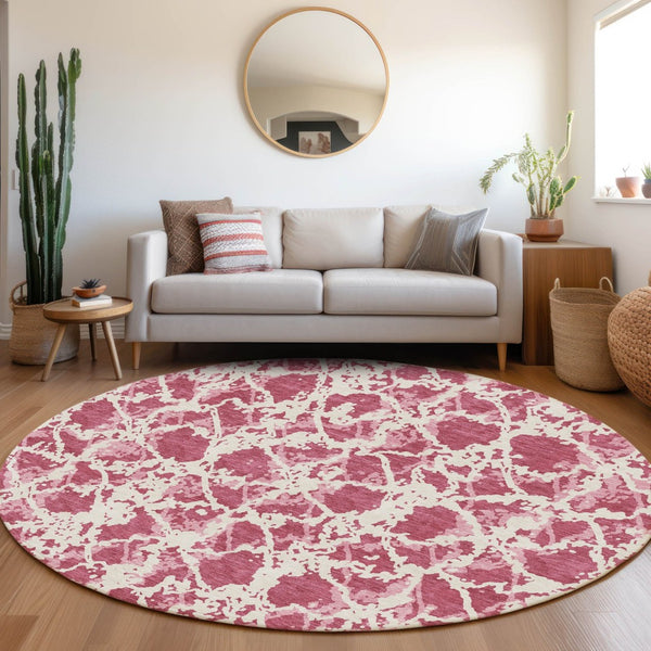 HomeRoots 8' Blush and Ivory Abstract Washable Round Rug - Stylish, Stain-Resistant, UV Protected Design for Homes 676623
