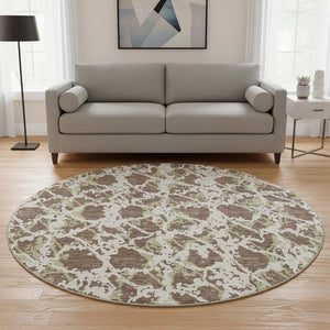 HomeRoots 8' Abstract Round Rug in Brown, Taupe & Ivory - Washable, UV-Protected, Stain-Resistant Beauty 676629