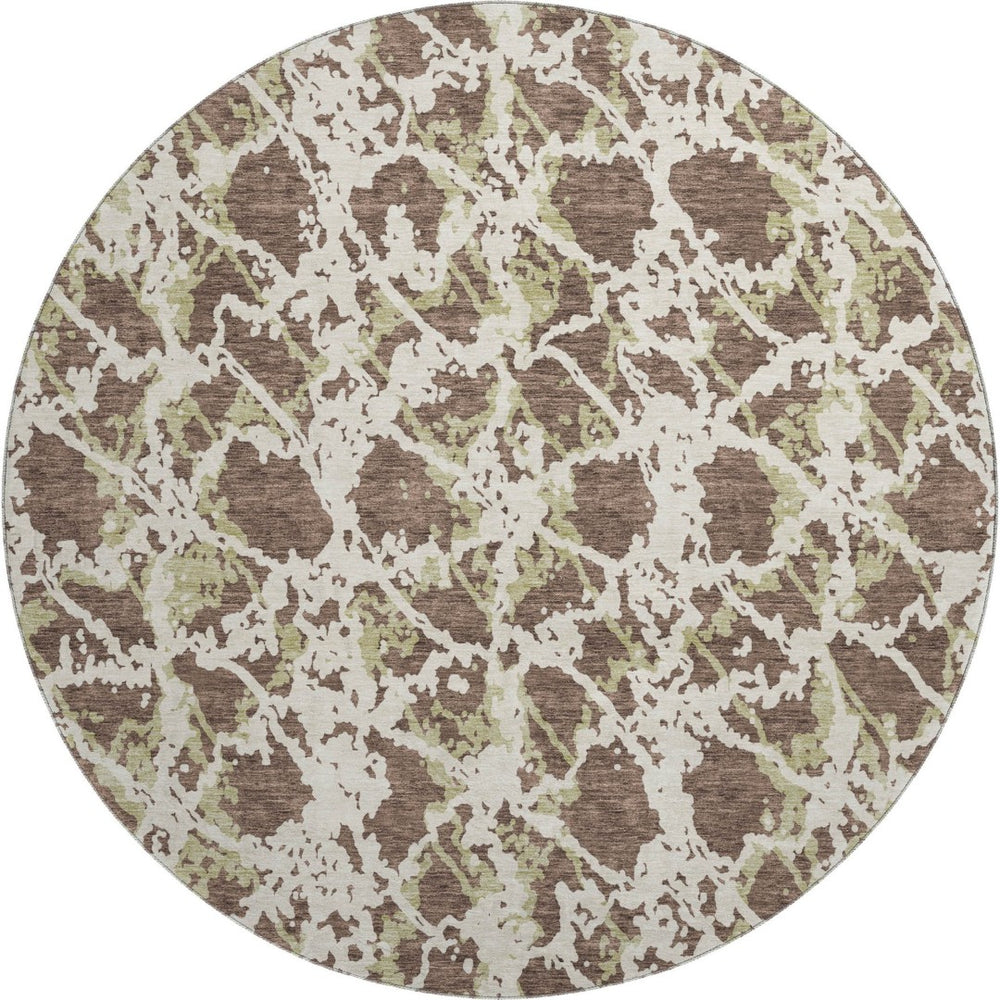 HomeRoots 8' Abstract Round Rug in Brown, Taupe & Ivory - Washable, UV-Protected, Stain-Resistant Beauty 676629