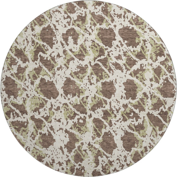 HomeRoots 8' Abstract Round Rug in Brown, Taupe & Ivory - Washable, UV-Protected, Stain-Resistant Beauty 676629