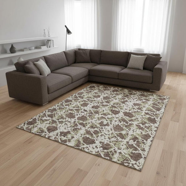 HomeRoots 8' X 10' Abstract Washable Area Rug in Brown Taupe/Ivory - UV Protected, Stain-Resistant, Durable Design 676630