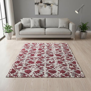 HomeRoots 5' X 8' Burgundy Gray Ivory Abstract Area Rug - Washable, UV Protected, Durable for Homes with Kids & Pets 676634