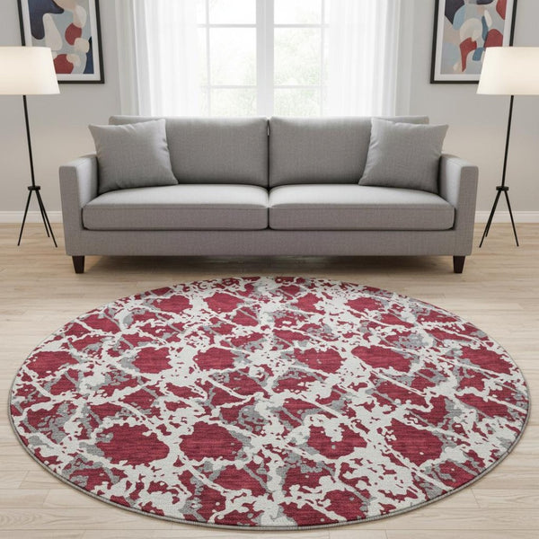 HomeRoots 8' Washable Round Rug in Burgundy, Gray & Ivory - UV Protected, Stylish, Durable & Family-Friendly Design 676635