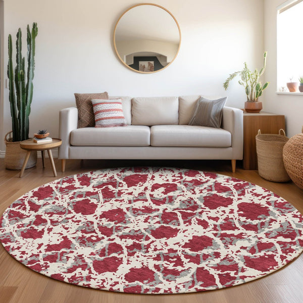 HomeRoots 8' Washable Round Rug in Burgundy, Gray & Ivory - UV Protected, Stylish, Durable & Family-Friendly Design 676635