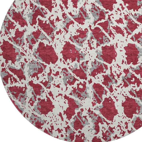 HomeRoots 8' Washable Round Rug in Burgundy, Gray & Ivory - UV Protected, Stylish, Durable & Family-Friendly Design 676635