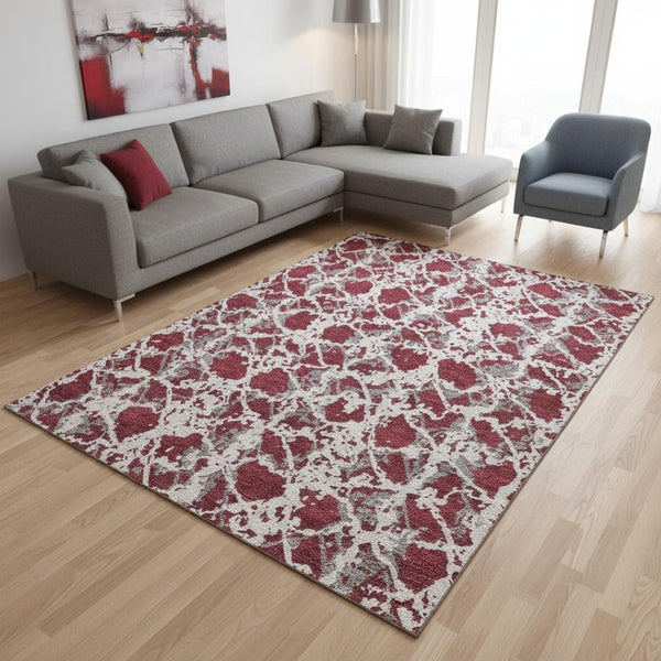 HomeRoots 8' X 10' Burgundy Gray Ivory Abstract Area Rug - Soft, Durable, Stain Resistant & UV Protected Design 676636