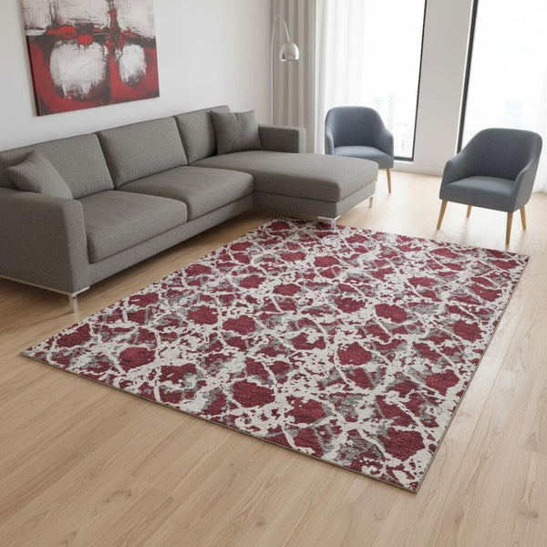 HomeRoots 9' X 12' Washable Abstract Area Rug in Burgundy, Gray & Ivory with UV Protection for Modern Spaces 676637