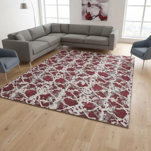 HomeRoots 10' X 14' Washable Burgundy Gray Ivory Abstract Area Rug with UV Protection for Modern Spaces 676638