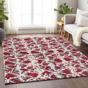 HomeRoots 10' X 14' Washable Burgundy Gray Ivory Abstract Area Rug with UV Protection for Modern Spaces 676638