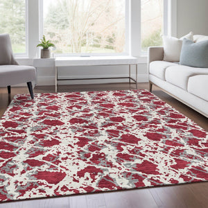 HomeRoots 10' X 14' Washable Burgundy Gray Ivory Abstract Area Rug with UV Protection for Modern Spaces 676638