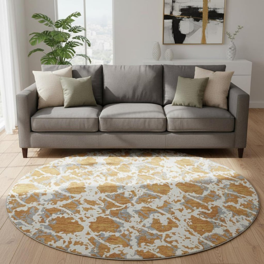HomeRoots 8' Washable Round Rug in Copper Gray & Ivory – Modern Abstract Design with UV Protection & Stain Resistance 676641
