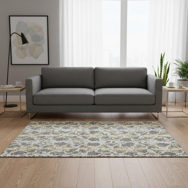 HomeRoots 5' X 8' Gray Gold Ivory Abstract Washable Area Rug - UV Protected, Stylish & Stain-Resistant Design 676646