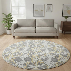 HomeRoots 8' Gray Gold and Ivory Abstract Round Rug - Washable, UV Protected, Stylish & Durable for Homes 676647