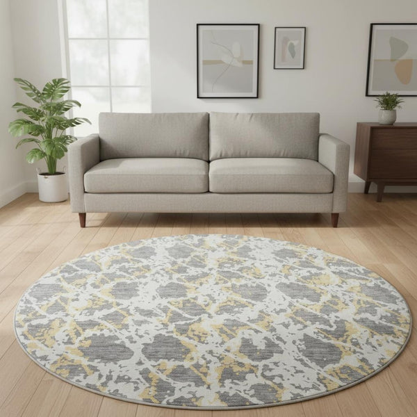 HomeRoots 8' Gray Gold and Ivory Abstract Round Rug - Washable, UV Protected, Stylish & Durable for Homes 676647