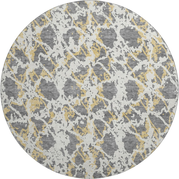 HomeRoots 8' Gray Gold and Ivory Abstract Round Rug - Washable, UV Protected, Stylish & Durable for Homes 676647