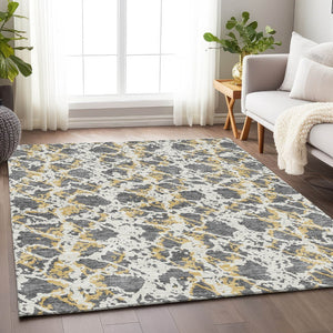 HomeRoots 8' X 10' Stylish Gray Gold Ivory Abstract Area Rug - Washable, Stain-Resistant, UV Protected Comfort 676648