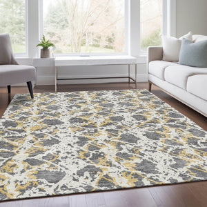 HomeRoots 9' X 12' Modern Abstract Area Rug - Gray, Gold, Ivory, Washable, Stain-Resistant & UV Protected 676649