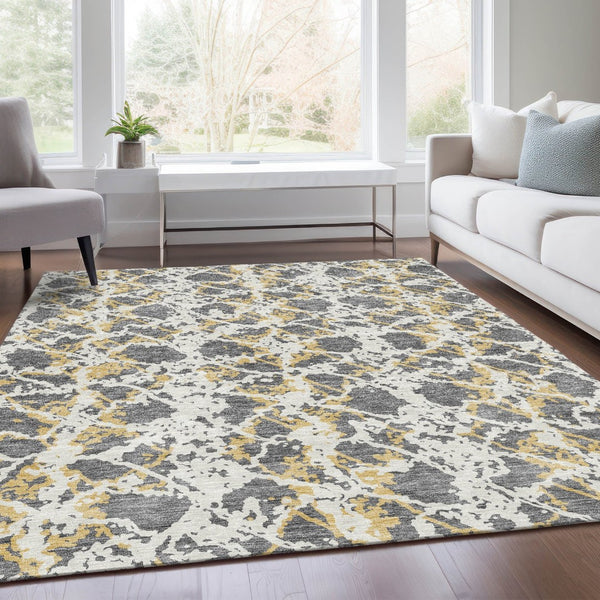 HomeRoots 9' X 12' Modern Abstract Area Rug - Gray, Gold, Ivory, Washable, Stain-Resistant & UV Protected 676649