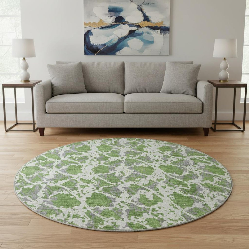 HomeRoots 8' Washable Round Rug in Green, Gray & Ivory – Modern Abstract Design with UV Protection & Stain Resistance 676653