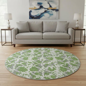 HomeRoots 8' Washable Round Rug in Green, Gray & Ivory – Modern Abstract Design with UV Protection & Stain Resistance 676653