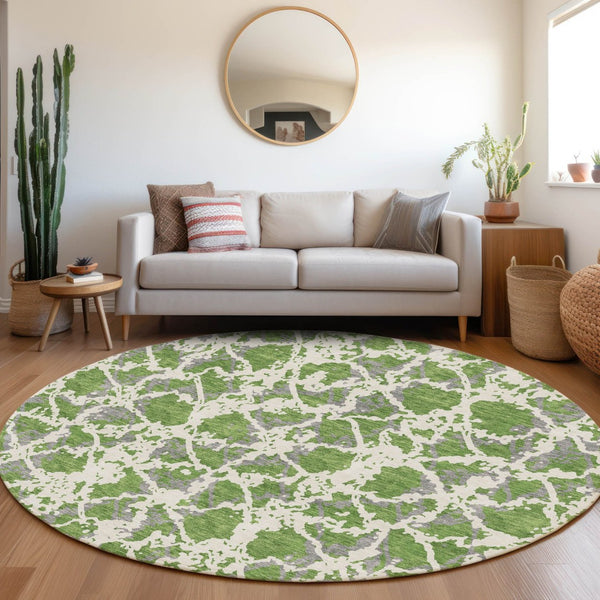 HomeRoots 8' Washable Round Rug in Green, Gray & Ivory – Modern Abstract Design with UV Protection & Stain Resistance 676653