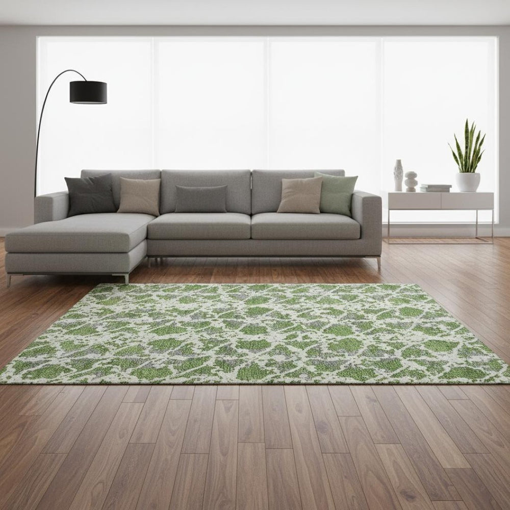 HomeRoots 8' X 10' Modern Abstract Area Rug in Green, Gray & Ivory – Durable, Washable, UV-Protected Design 676654