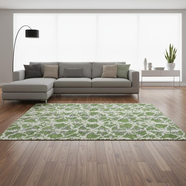 HomeRoots 8' X 10' Modern Abstract Area Rug in Green, Gray & Ivory – Durable, Washable, UV-Protected Design 676654